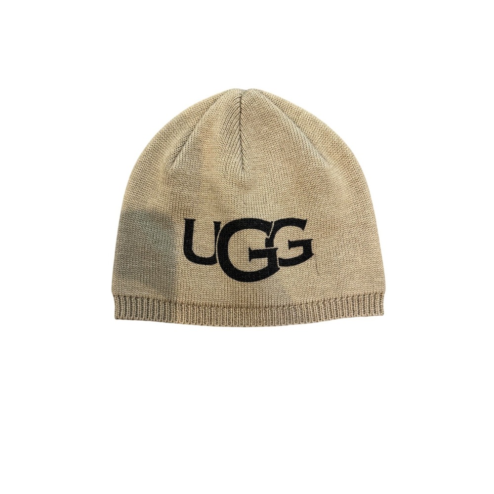 UGG Hat Beanie Toddler One‎ Size Tan Knit Lined Ribbed Cuffed Black Logo Winter